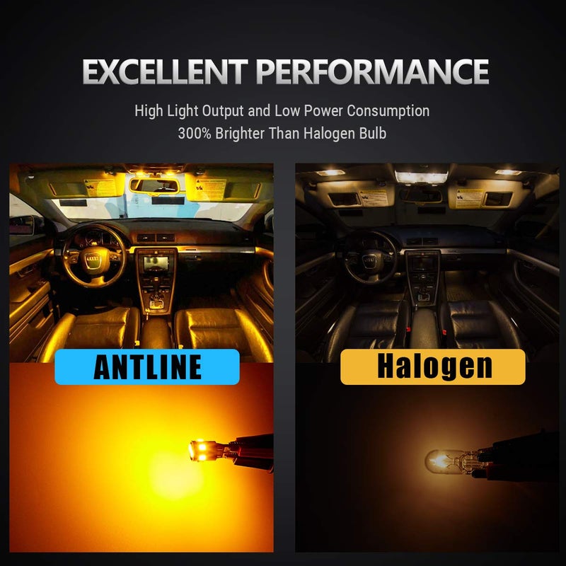 Antline 194 168 2825 W5W T10 194NA LED Bulbs Amber Yellow, Ultra Bright Error Free 9-SMD 2835 Chipsets Replacement for Car Interior Dome Map Door Courtesy License Plate Lights (Pack of 10) - Image 2
